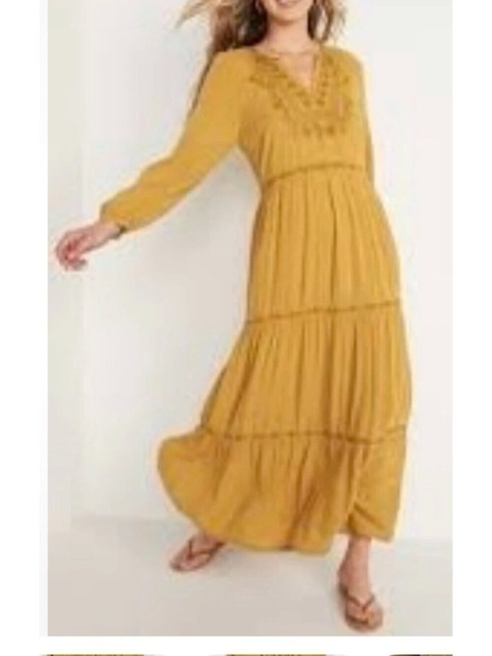 Old Navy Womens Embroidered Peasant Tiered boho v-neck Maxi Dress long sleeve